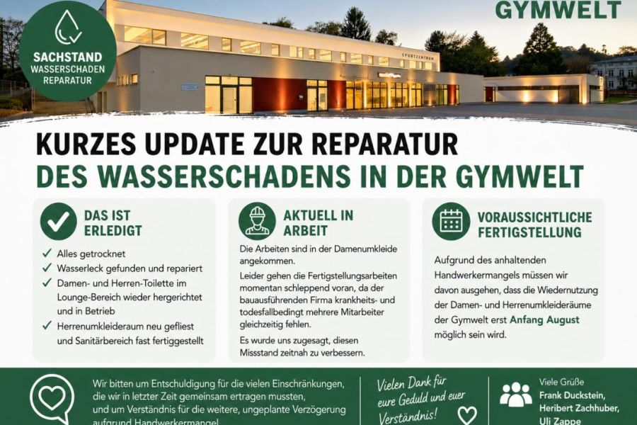Kurzer Sachstandsbericht zur Reparatur des Wasserschadens in der Gymwelt